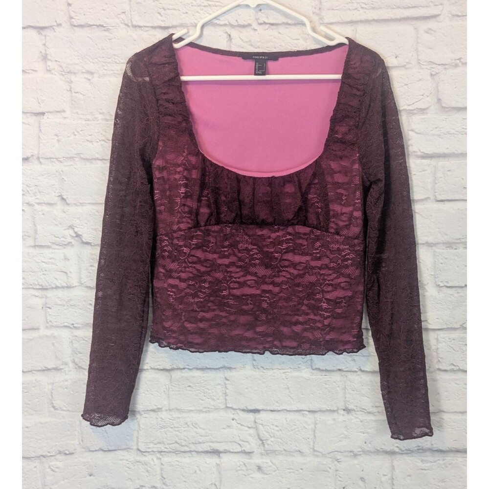 Y2K Babydoll Top Sheer Lace overlay Jrs Size Large Pink & Purple